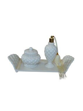 New Vintage 1999 Avon Porcelain Vanity 3 Piece Gift Set Quilted Hollywood Regenc